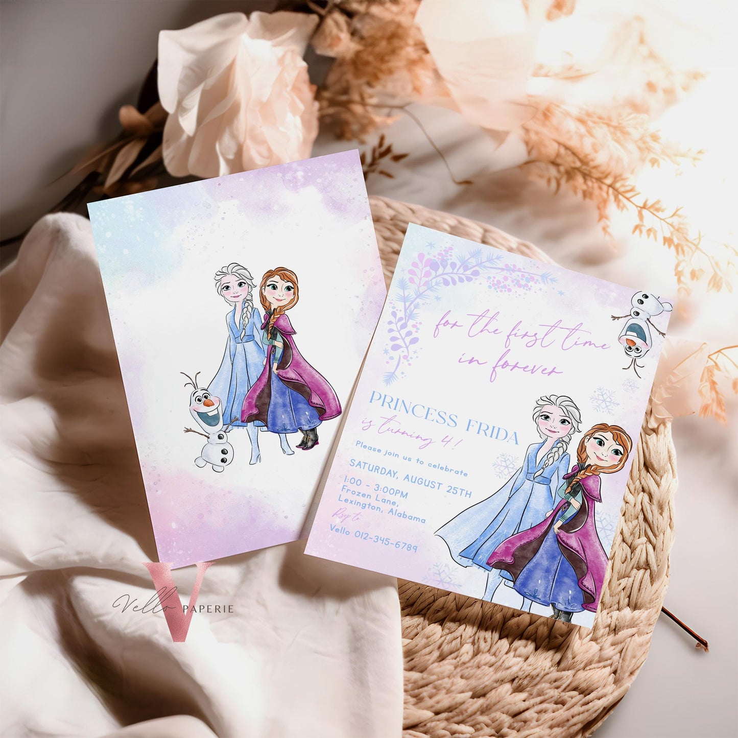 Purple Pink Ice Blue Frozen Birthday Party Invitation | Watercolor Princess Elsa Anna Olaf Birthday Invite | Winter Snow Ice Princess