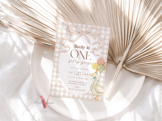 One Silly Goose Birthday Invitation | Editable Light Brown Gingham One Happy Goose First Birthday Party Invite | 1st Birthday Gender Neutral