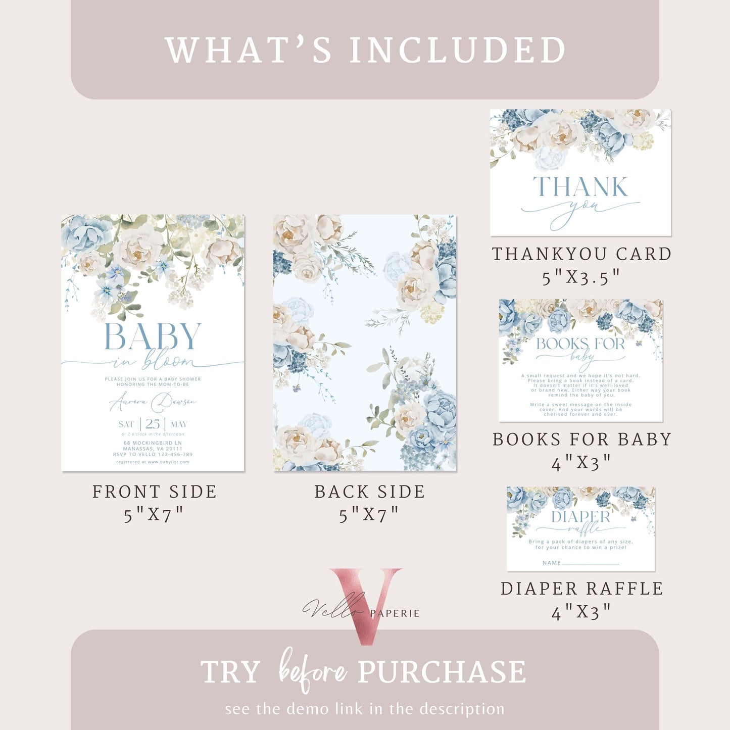 Editable Blue Baby in Bloom Invitation | Boy Wildflowers Baby Shower Invitation | Cream Blue Spring Flowers Invitation | Floral Baby Brunch