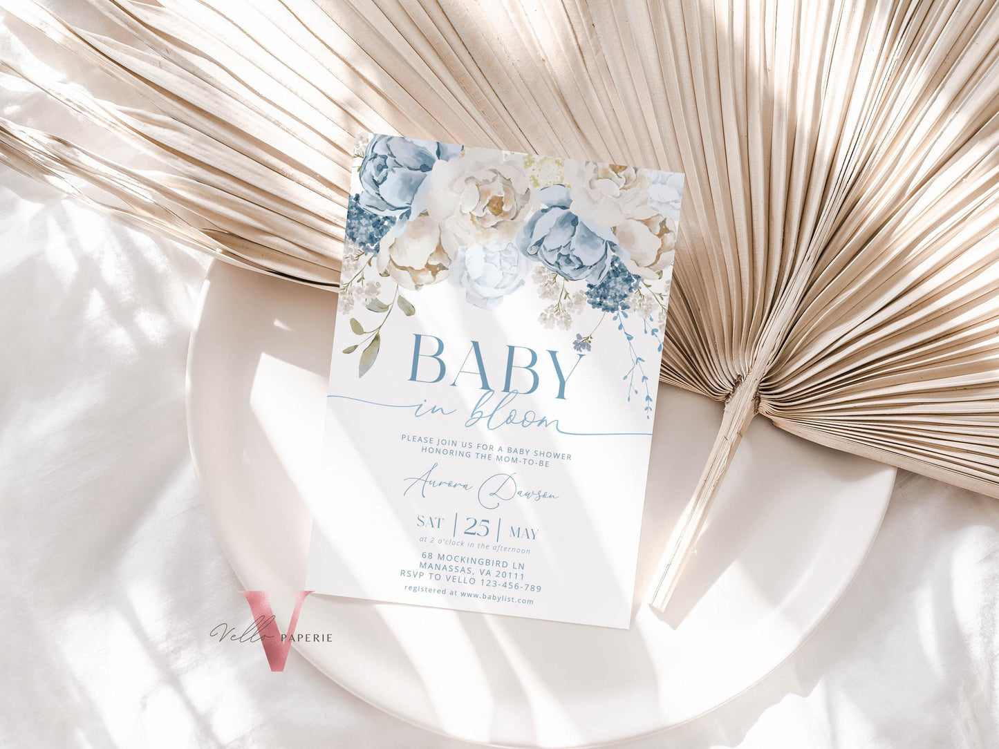 Editable Blue Baby in Bloom Invitation | Boy Wildflowers Baby Shower Invitation | Cream Blue Spring Flowers Invitation | Floral Baby Brunch