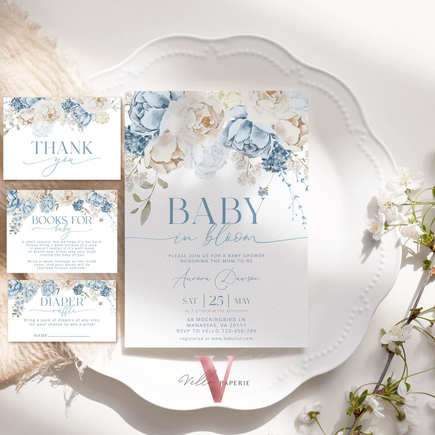 Editable Blue Baby in Bloom Invitation | Boy Wildflowers Baby Shower Invitation | Cream Blue Spring Flowers Invitation | Floral Baby Brunch