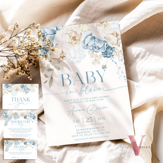 Editable Blue Baby in Bloom Invitation | Boy Wildflowers Baby Shower Invitation | Cream Blue Spring Flowers Invitation | Floral Baby Brunch