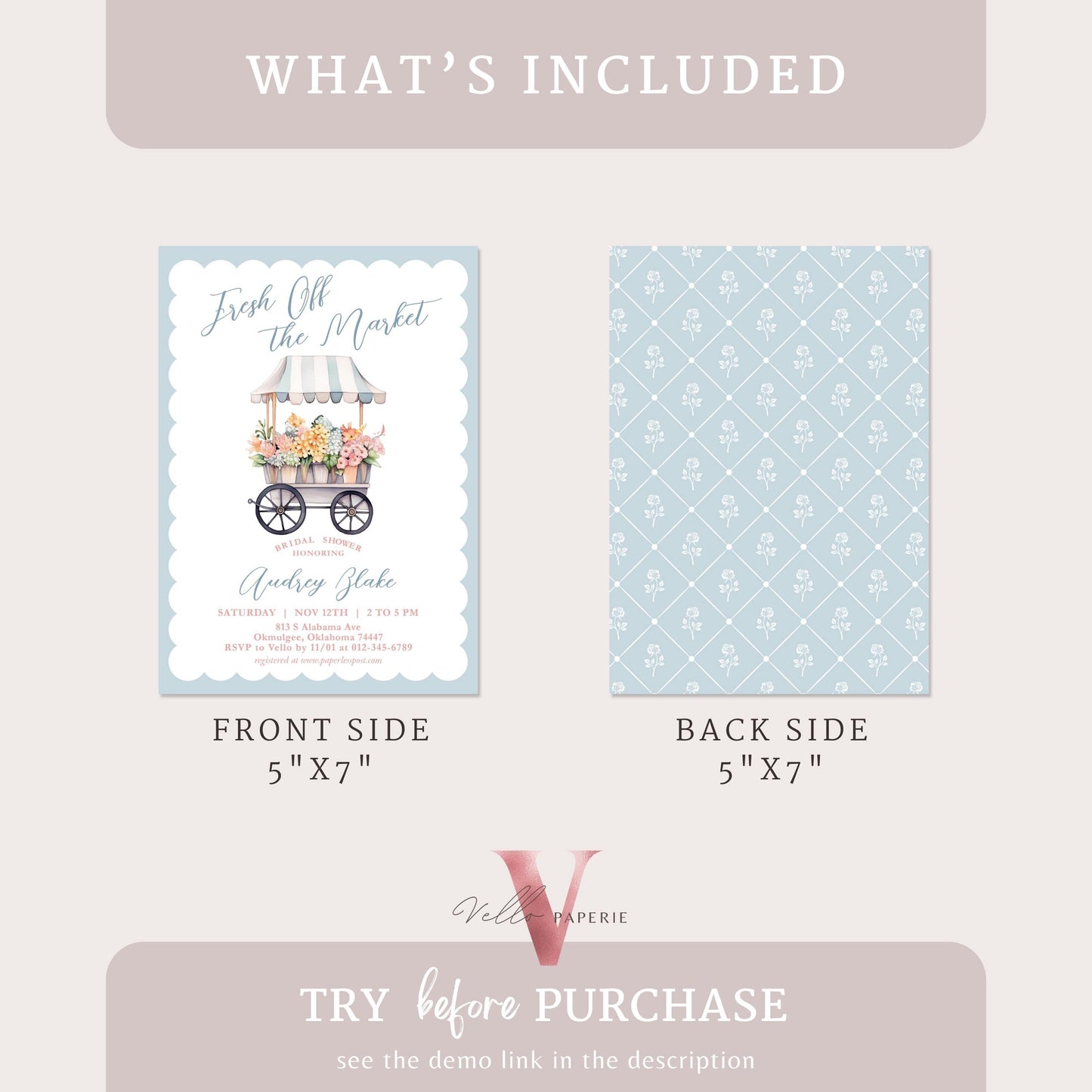 Dusty Blue Off the Market Bridal Shower Party Invitation | She's off the Market Invite | Flower Stall, Blue Florist Cart Watercolor Instant