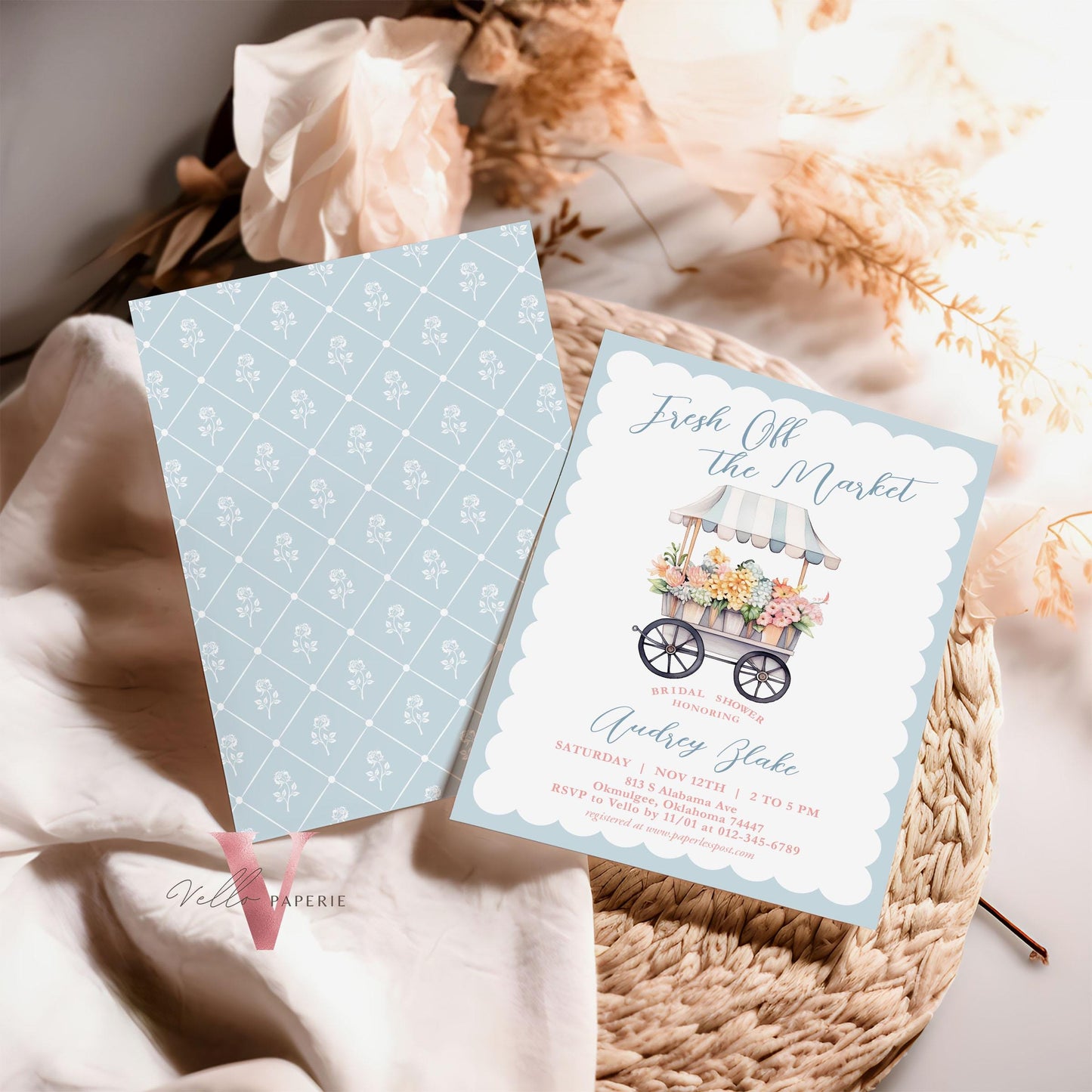 Dusty Blue Off the Market Bridal Shower Party Invitation | She's off the Market Invite | Flower Stall, Blue Florist Cart Watercolor Instant