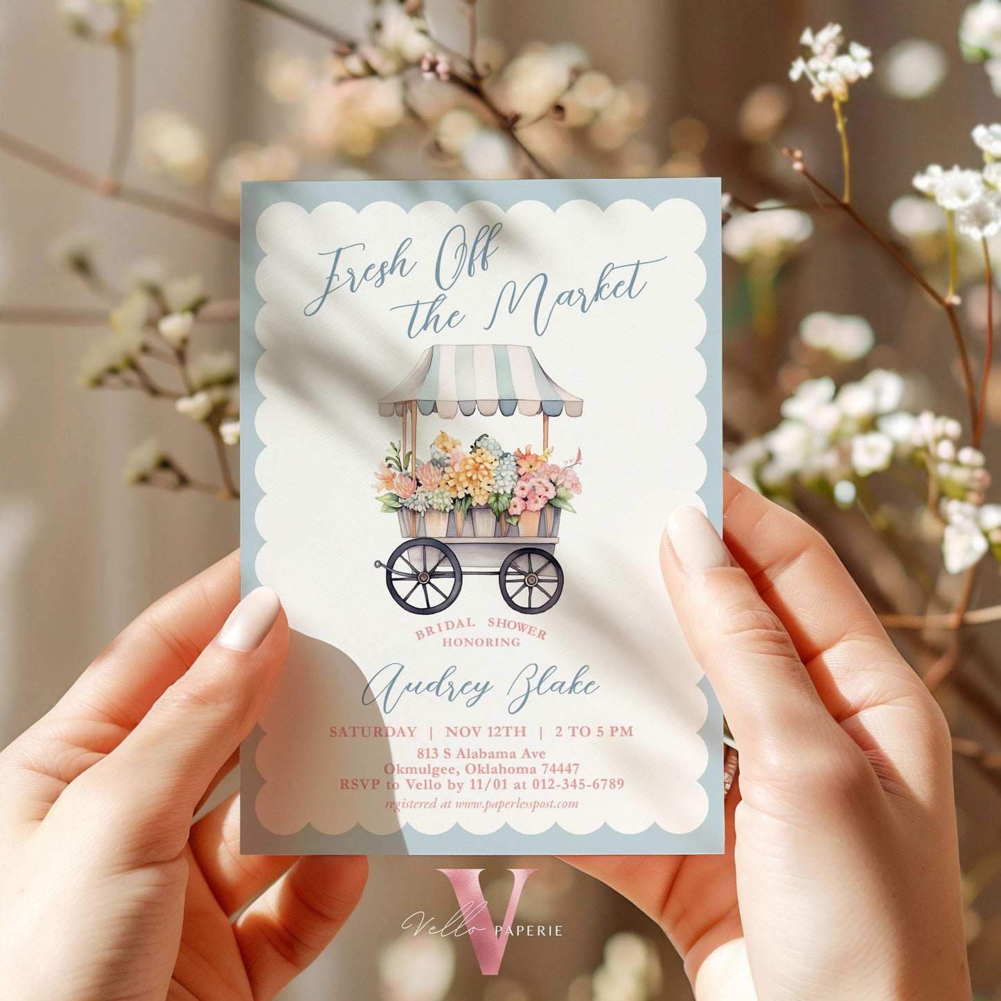 Dusty Blue Off the Market Bridal Shower Party Invitation | She's off the Market Invite | Flower Stall, Blue Florist Cart Watercolor Instant