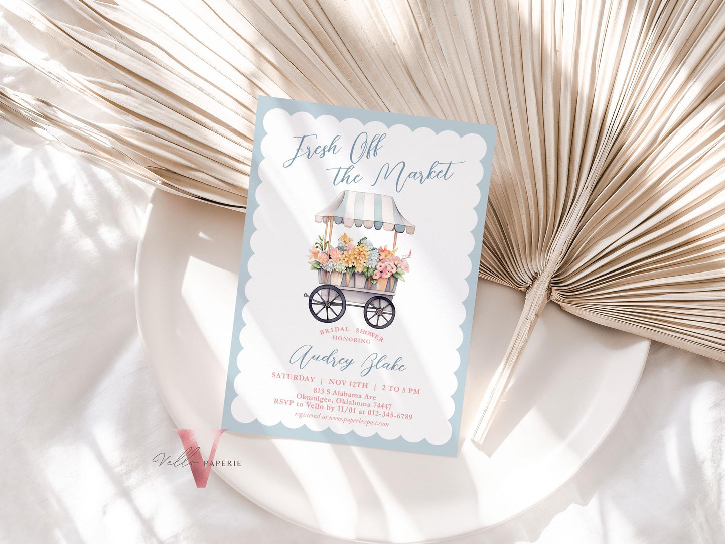 Dusty Blue Off the Market Bridal Shower Party Invitation | She's off the Market Invite | Flower Stall, Blue Florist Cart Watercolor Instant