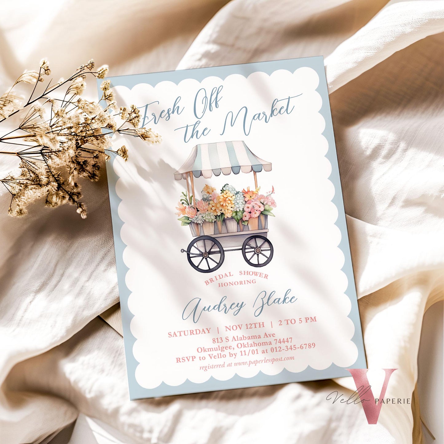 Dusty Blue Off the Market Bridal Shower Party Invitation | She's off the Market Invite | Flower Stall, Blue Florist Cart Watercolor Instant
