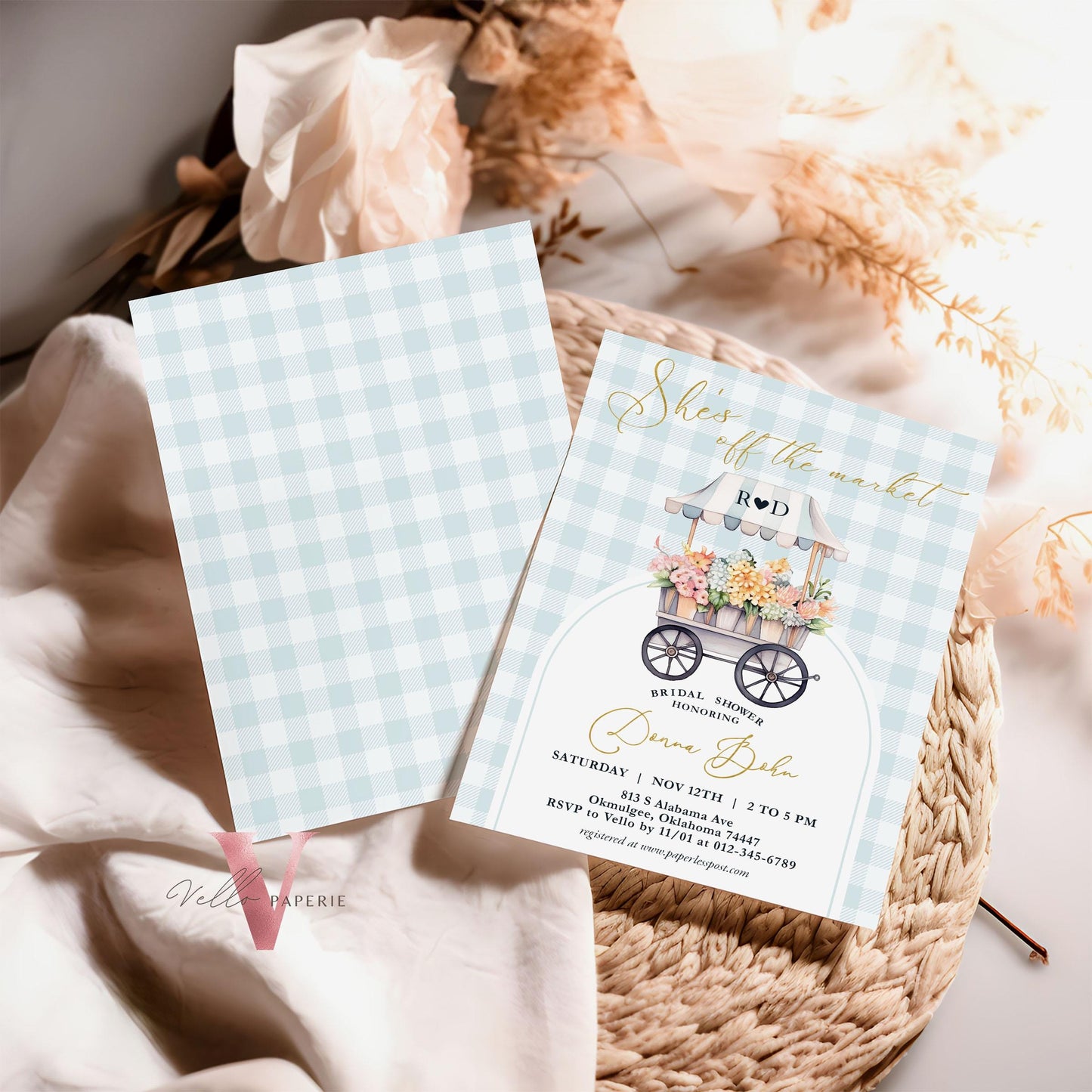 Dusty Blue Off the Market Bridal Shower Party Invitation | She's off the Market Invite | Flower Stall, Blue Florist Cart Watercolor Instant