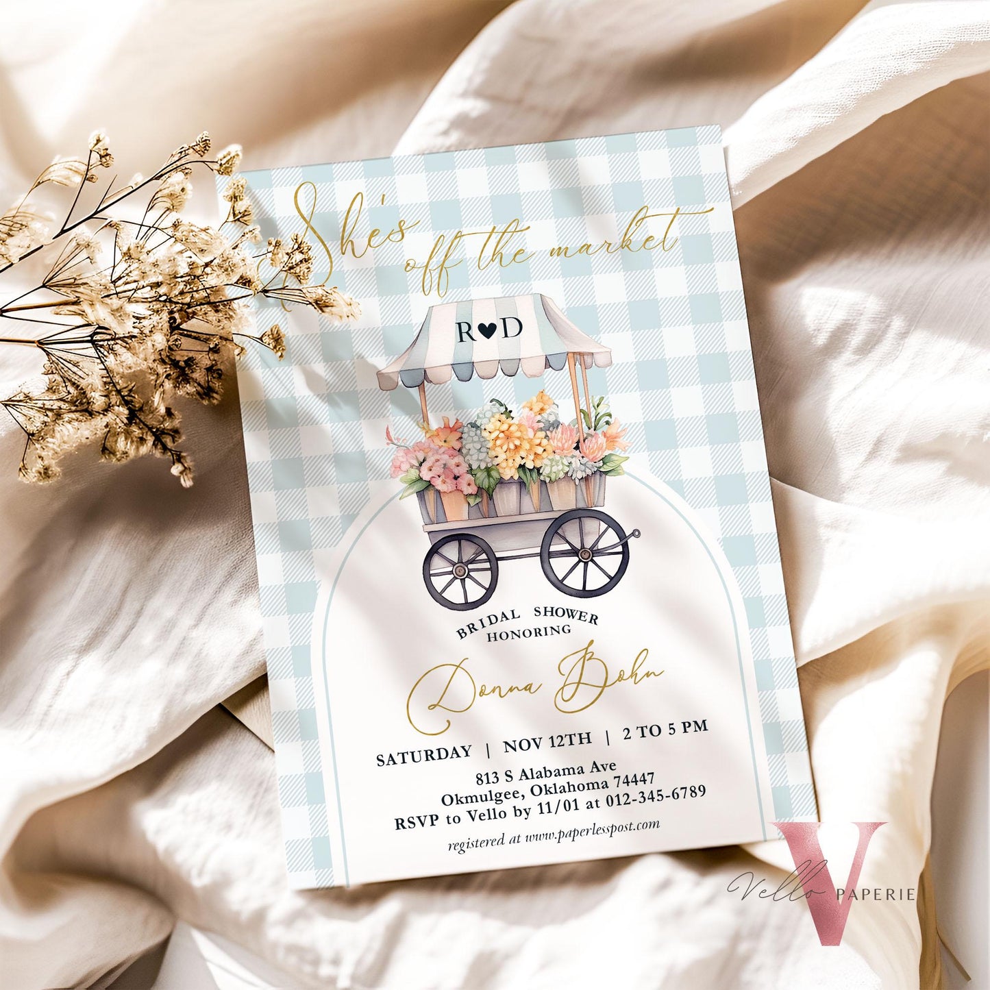Dusty Blue Off the Market Bridal Shower Party Invitation | She's off the Market Invite | Flower Stall, Blue Florist Cart Watercolor Instant