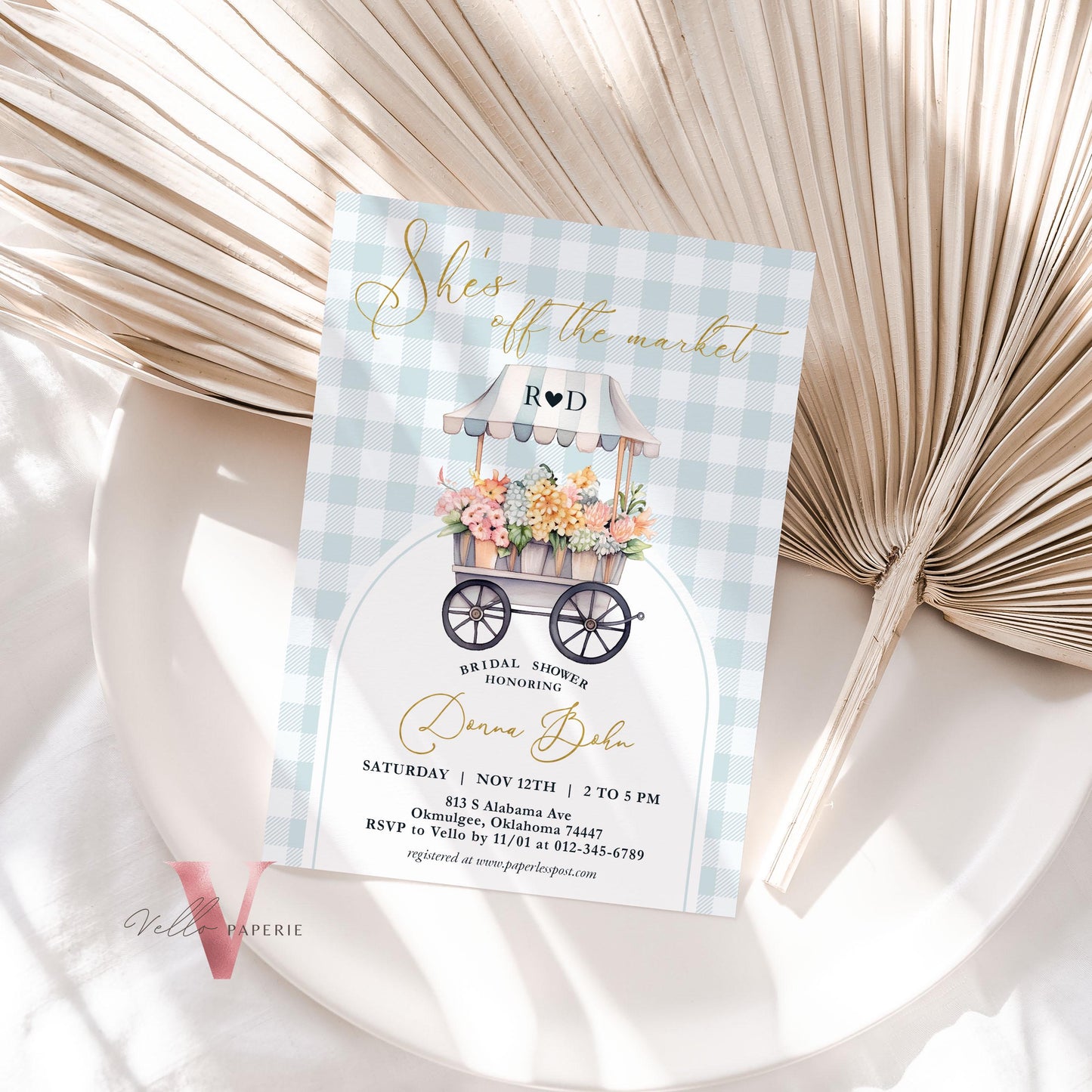 Dusty Blue Off the Market Bridal Shower Party Invitation | She's off the Market Invite | Flower Stall, Blue Florist Cart Watercolor Instant