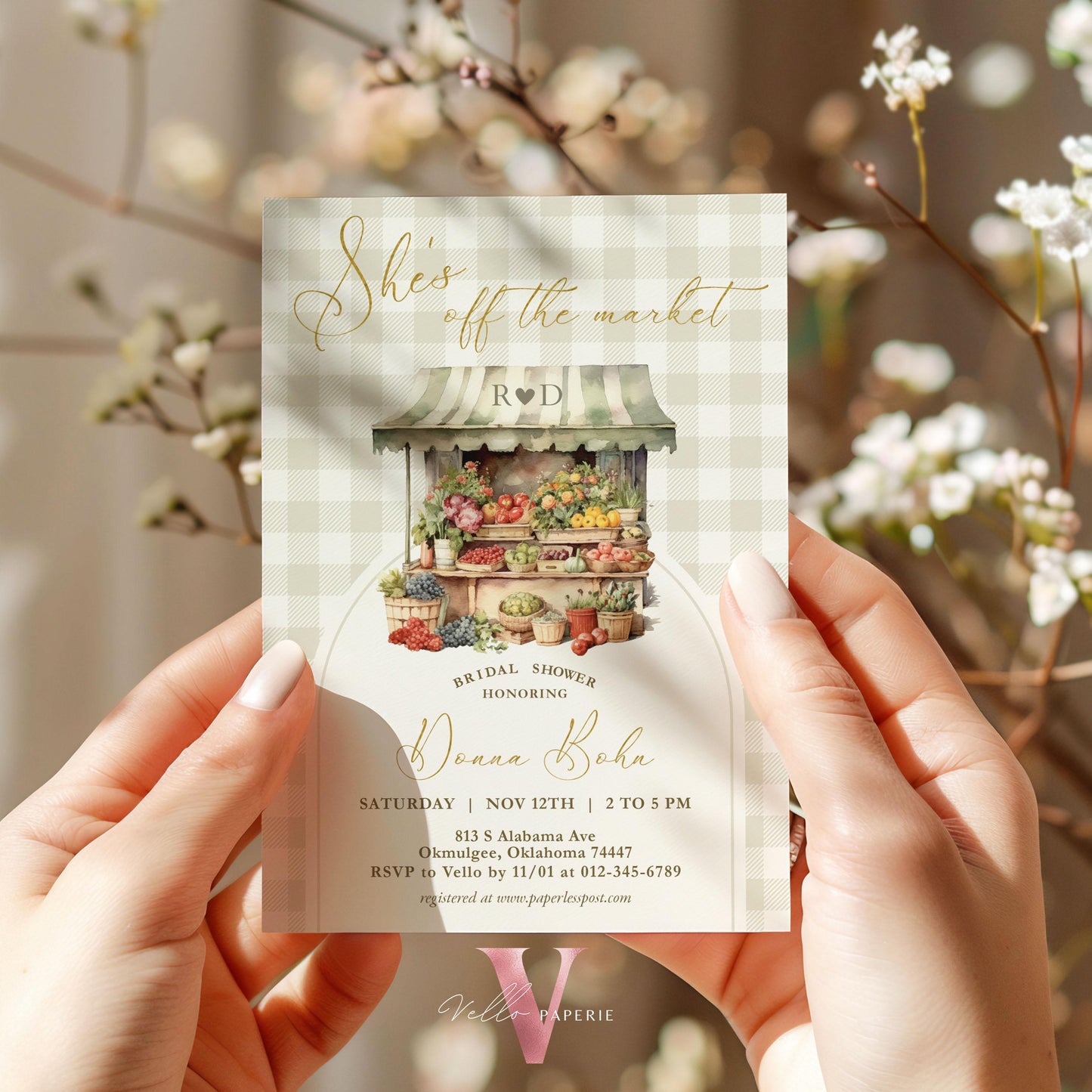Fresh Off the Market Gingham Bridal Shower Party Invitation | Farmers Market Bridal Shower Invite | Flower Fruit Store Watercolor Gingham