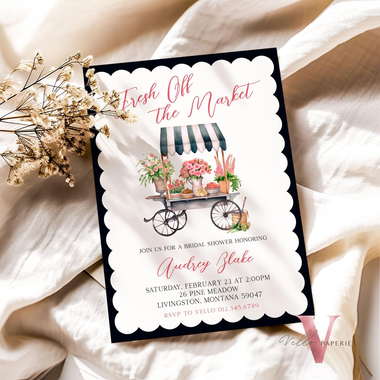 Dusty Blue Off the Market Bridal Shower Party Invitation | She's off the Market Invite | Flower Stall, Blue Florist Cart Watercolor Instant